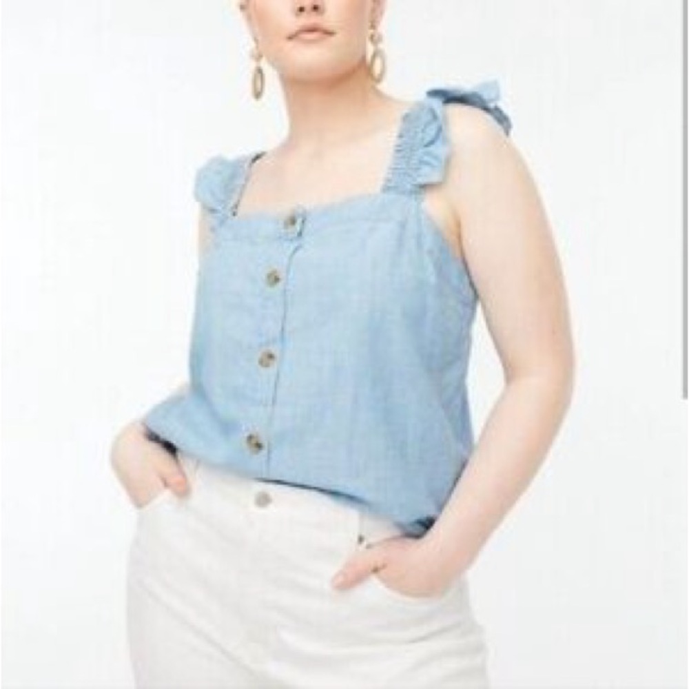 NWT J.Crew chambray button-front tank ruffle straps cotton square neckline M